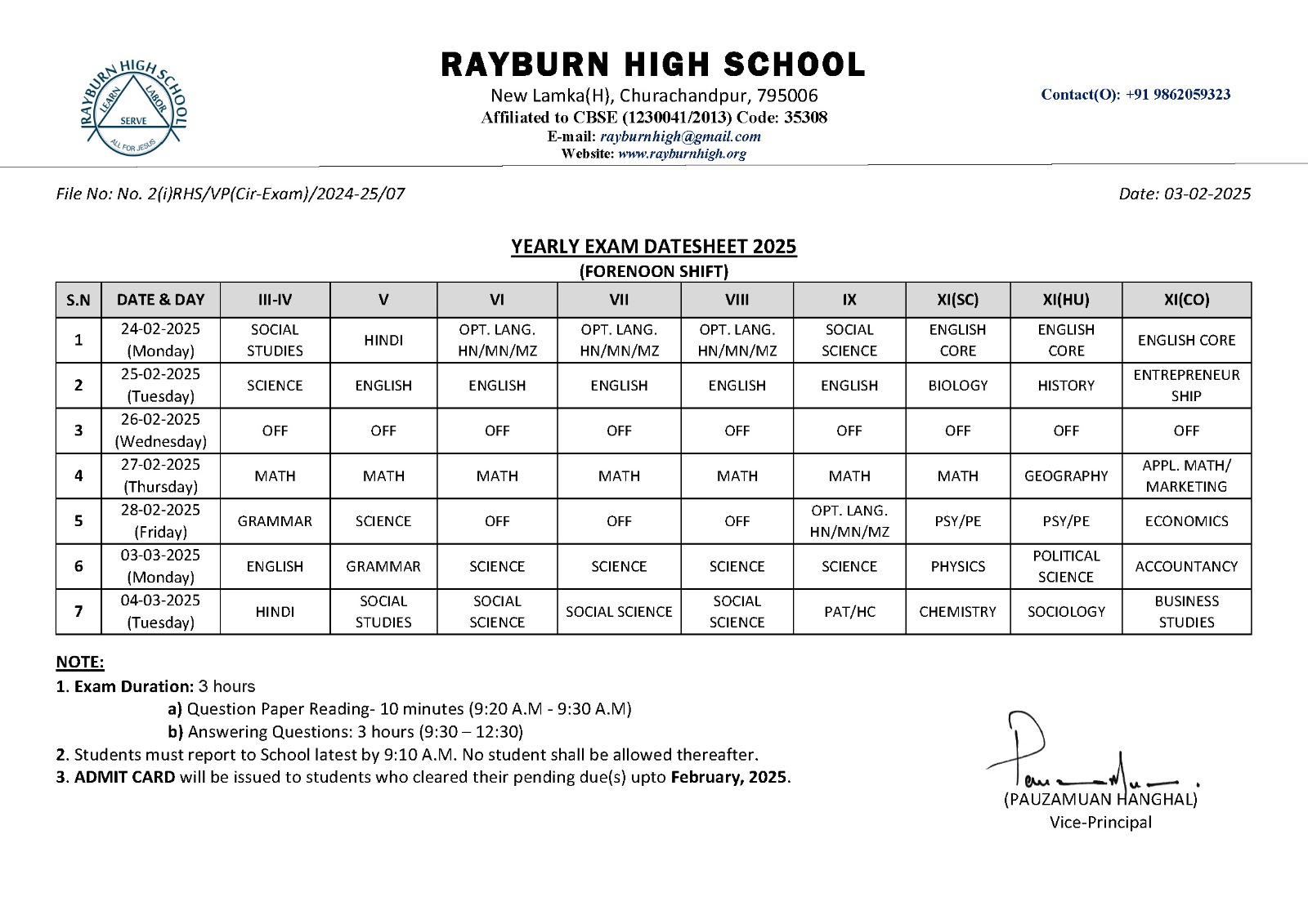 YEARLY EXAMS DATESHEET 2025